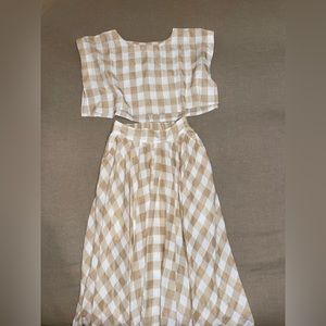 Two piece/plaid/tan, and white cropped shirt and skirt